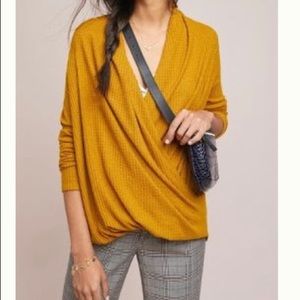 Anthropologie Mustard Wrap Front Waffle Knit Sweater Size XL